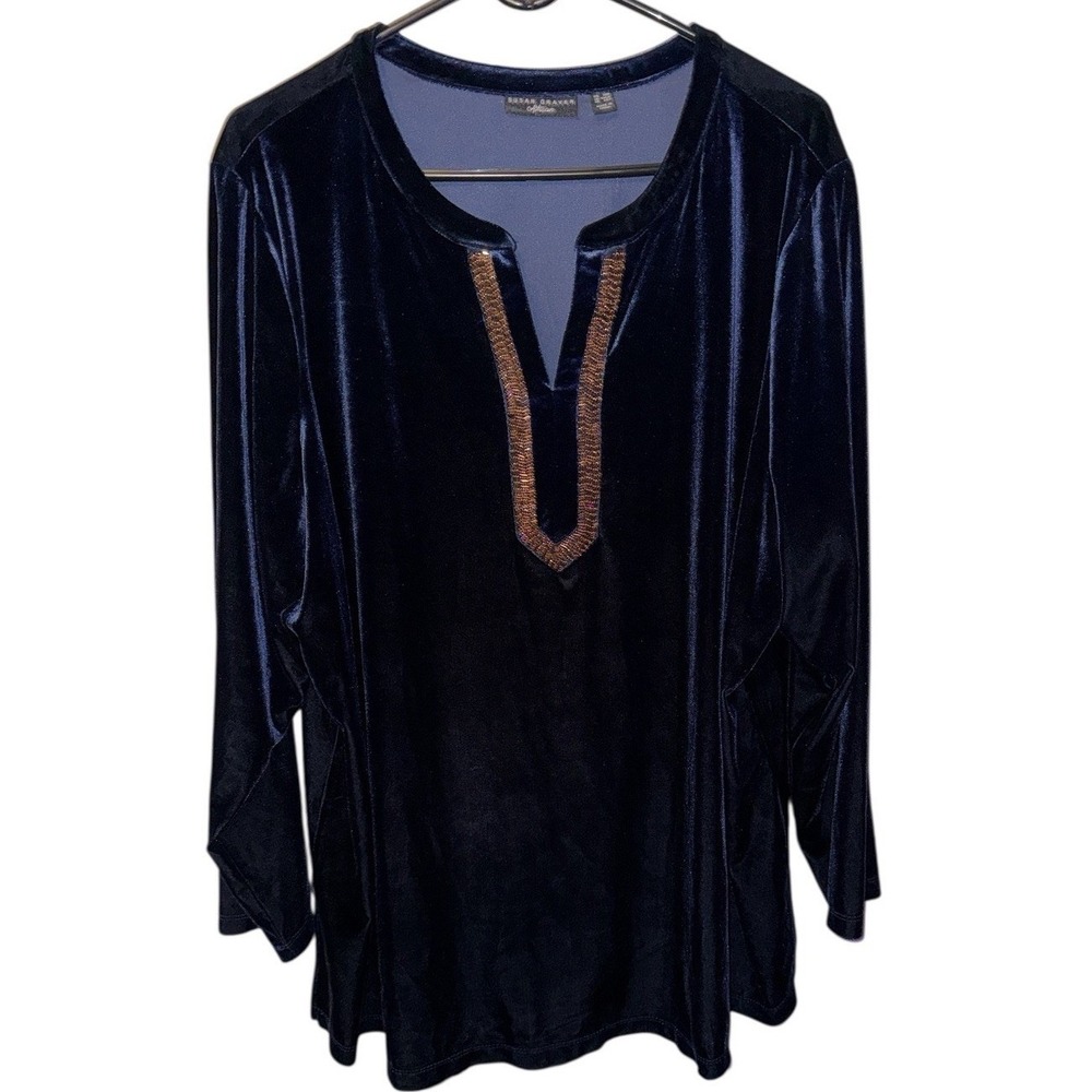 Susan Graver Tunic Womens 3XP Navy Blue Velvet Beaded Split Neck Artisan Top